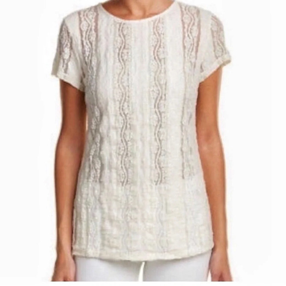 CABI Ecru Lace Blouse XS Sheer Feminine Romantic Textured Boho Chic - Picture 2 of 12